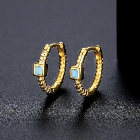 Minimalist Gold Turquoise Hoop Earring 18K Gold Plated over 925 Sterling Silver Earrings with Blue Turquoise Solitaire Stone - Hypoallergenic Earrings for Women - USA HANDMADE in Saudi Arabia