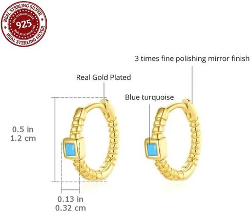 Minimalist Gold Turquoise Hoop Earring 18K Gold Plated over 925 Sterling Silver Earrings with Blue Turquoise Solitaire Stone - Hypoallergenic Earrings for Women - USA HANDMADE in Saudi Arabia