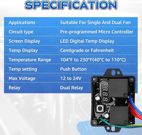 AUTOBABA Digital Radiator Fan Controller Swith 12V and 24V, Adjustable Temperature Range Dual Electric Fan Controller Thermatic Fan Switch Kit Replace # 0444 DC0444 in Saudi Arabia