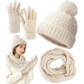 مجموعة قفازات وشاح قبعة شتوية للنساء، قبعة صغيرة محبوكة دافئة، قفازات شاشة تعمل باللمس وتدفئة ناعمة للرقبة in Kuwait