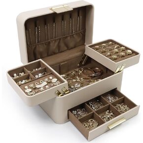 KAMIER Jewelry Box, 3 Layers Jewelry Organizer with Drawers, PU Leather Jewelry Storage Organizer for Earring, Ring, Necklace, Bracelets, Christmas Gift, Jewelry Boxes for Women Girls (Beige) in Kuwait