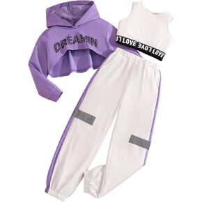 Girls 3 Piece Dance Outfits Graphic Hoodie Crop Tank Tops and Sweatpants Workout Sets in Kuwait