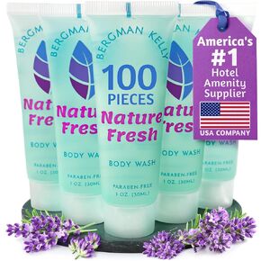 Bergman Kelly Size Size Body Wash (1 Oz Oz ، 100 PK ، شلال استوائي) ، فرحة ضيوفك مع غسل جسم الفندق المنعش والمنعش ، مصغرة وصغيرة الحجم في فنادق فندق بالضيف بكميات كبيرة in Kuwait