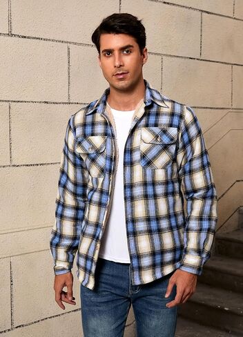 Men's Sherpa Lined Cotton Flannel Shirt Jacket Button Down Long Sleeve Fleece Jacket for Men in Saudi Arabia