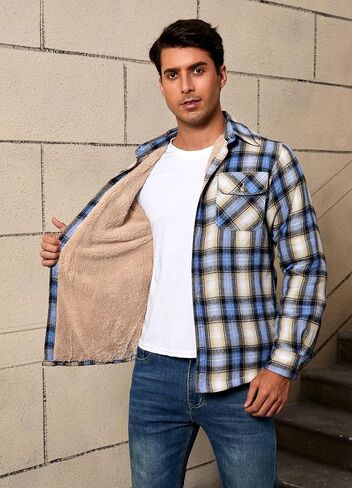 Men's Sherpa Lined Cotton Flannel Shirt Jacket Button Down Long Sleeve Fleece Jacket for Men in Saudi Arabia