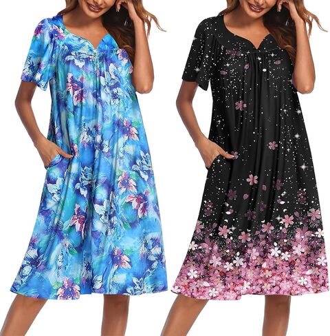Ekouaer 2 Pack House Dresses for Women with Pockets Short Sleeve Moo Moos Floral Print Mumu Dresses in Saudi Arabia