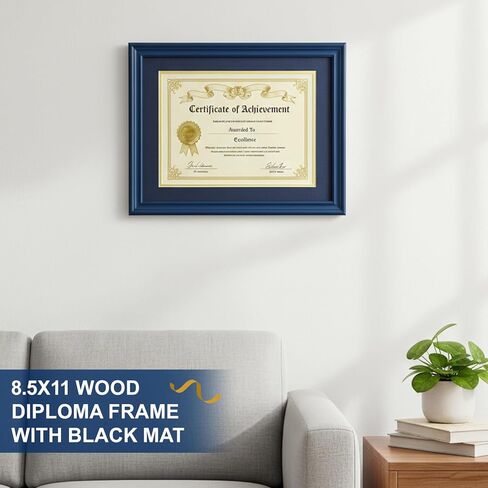 Ripeng 8.5 x 11 Wood Diploma Frame, Solid Wood Diploma Frames with Mat or Display 11x14 Certificates Without Mat, Tempered Glass Degree Document Frame for Rustic Finish with Gold Trim(Blue) in Saudi Arabia