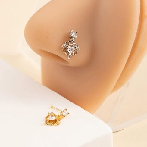 20G CZ Heart Dangle Nose Rings for Women 316L Surgical Steel Straight Post Nose Studs Dangling Nose Ring Nose Nostril Piercing Jewelry in Saudi Arabia
