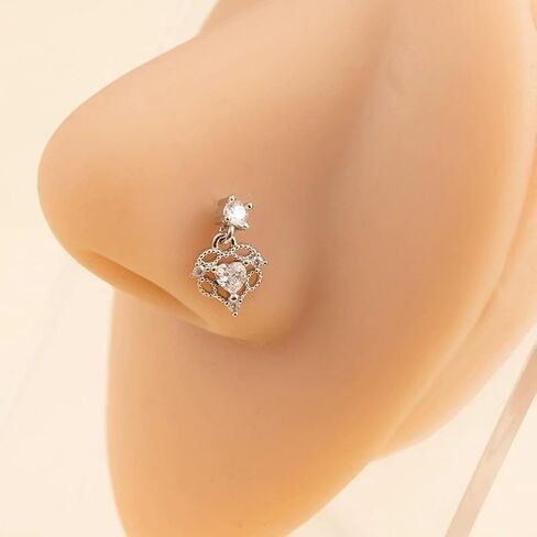20G CZ Heart Dangle Nose Rings for Women 316L Surgical Steel Straight Post Nose Studs Dangling Nose Ring Nose Nostril Piercing Jewelry in Saudi Arabia