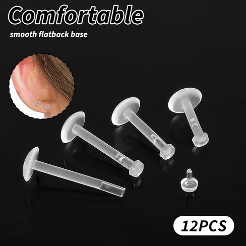 12 Pcs Flat Back Clear Earrings for Sports Acrylic Labret Jewelry Clear Nose Retainer Tragus Conch Cartilage Earrings Medusa Lip Rings Straight Nose Stud Piercing Jewelry for Surgery Work(6/8/10/12mm) in Saudi Arabia