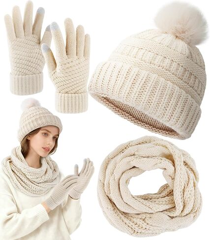 مجموعة قفازات وشاح قبعة شتوية للنساء، قبعة صغيرة محبوكة دافئة، قفازات شاشة تعمل باللمس وتدفئة ناعمة للرقبة in Kuwait