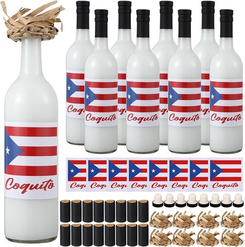 Vesici 8 Set Puerto Rico Glass Bottle with Label Sticker and Straw Hat Cap 25oz 750ml Clear Coquito Glass Bottles with Hat Sticker 2 Design Topper for Puerto Rico Souvenir Gifts Party Favors(Flag) in Saudi Arabia