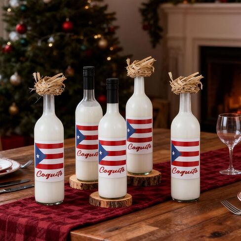Vesici 8 Set Puerto Rico Glass Bottle with Label Sticker and Straw Hat Cap 25oz 750ml Clear Coquito Glass Bottles with Hat Sticker 2 Design Topper for Puerto Rico Souvenir Gifts Party Favors(Flag) in Saudi Arabia