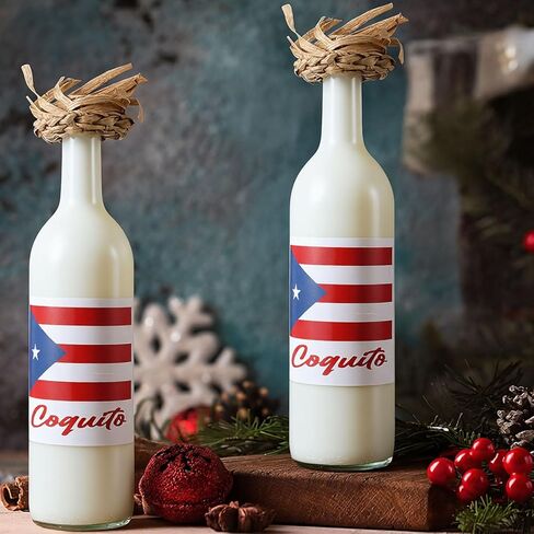 Vesici 8 Set Puerto Rico Glass Bottle with Label Sticker and Straw Hat Cap 25oz 750ml Clear Coquito Glass Bottles with Hat Sticker 2 Design Topper for Puerto Rico Souvenir Gifts Party Favors(Flag) in Saudi Arabia