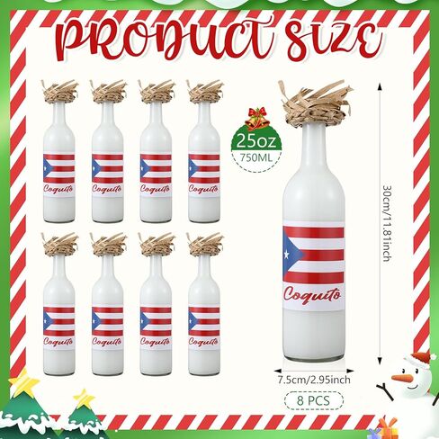 Vesici 8 Set Puerto Rico Glass Bottle with Label Sticker and Straw Hat Cap 25oz 750ml Clear Coquito Glass Bottles with Hat Sticker 2 Design Topper for Puerto Rico Souvenir Gifts Party Favors(Flag) in Saudi Arabia