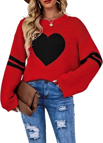 Kaei&Shi Women Cute Heart Sweater,Pattern Pullover Sweaters Sweatshirt,Striped Sleeve Loose Fit Valentines Top Clothes in Saudi Arabia