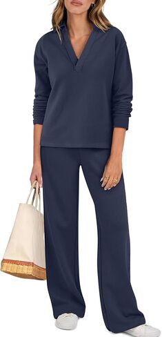 ANRABESS Lounge Sets for Women 2 Piece Outfits Sweatsuit Set Fall V Neck Sweatshirts Wide Leg Pants Tracksuits light grey Large in Saudi Arabia