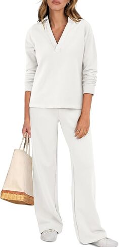 ANRABESS Lounge Sets for Women 2 Piece Outfits Sweatsuit Set Fall V Neck Sweatshirts Wide Leg Pants Tracksuits light grey Large in Saudi Arabia
