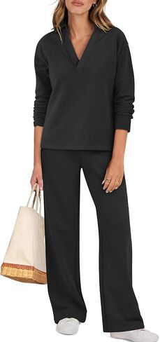 ANRABESS Lounge Sets for Women 2 Piece Outfits Sweatsuit Set Fall V Neck Sweatshirts Wide Leg Pants Tracksuits light grey Large in Saudi Arabia