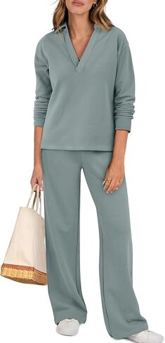 ANRABESS Lounge Sets for Women 2 Piece Outfits Sweatsuit Set Fall V Neck Sweatshirts Wide Leg Pants Tracksuits light grey Large in Saudi Arabia
