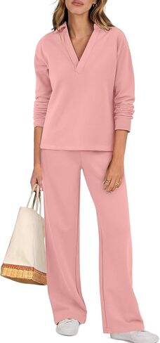 ANRABESS Lounge Sets for Women 2 Piece Outfits Sweatsuit Set Fall V Neck Sweatshirts Wide Leg Pants Tracksuits light grey Large in Saudi Arabia