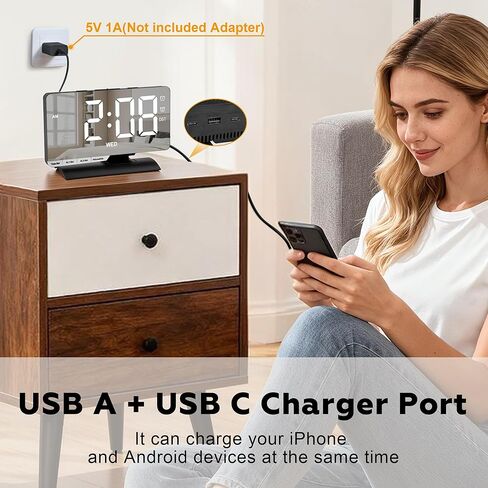SZELAM Digital Clock,Alarm Clock Bedside,7.3'' Large LED Mirror with Date Display,Dual Alarm with 3 Mode,Brightnee Adjust,DST,Snooze Function,USB C Charging Port,5 Levels Volume for Desk Bedroom Teens in Saudi Arabia