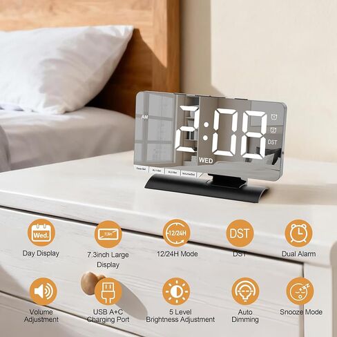 SZELAM Digital Clock,Alarm Clock Bedside,7.3'' Large LED Mirror with Date Display,Dual Alarm with 3 Mode,Brightnee Adjust,DST,Snooze Function,USB C Charging Port,5 Levels Volume for Desk Bedroom Teens in Saudi Arabia