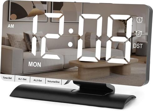 ساعة SZELAM الرقمية، ساعة منبه بجانب السرير، مرآة LED كبيرة مقاس 7.3 بوصات مع عرض التاريخ، منبه مزدوج مع 3 أوضاع، ضبط Brightnee، التوقيت الصيفي، وظيفة الغفوة، منفذ شحن USB C، حجم 5 مستويات للمراهقين في غرفة النوم المكتبية in Kuwait