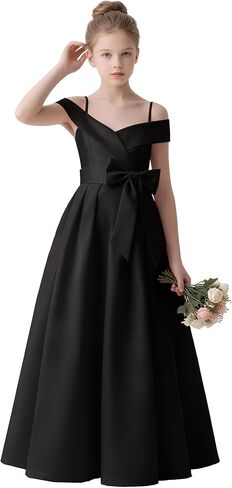 Satin Junior Bridesmaid Dresses for Children Off Shoulder Flower Girl Dress A Line Party Pageant Gown with Bow in Saudi Arabia