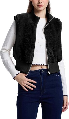 FASHIONSPARK المرأة اقتصاص فو الفراء سترة جاكيت بلا إكمام زمم غامض شيربا معطف أشعث مضلع ملابس خارجية دافئة in Kuwait