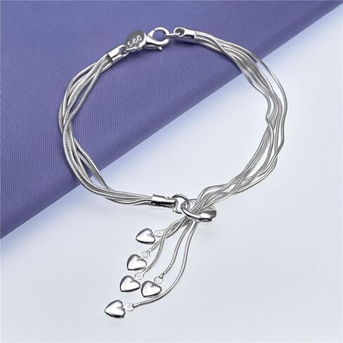 925 Sterling Silver Five-Line Chain with Five-Heart Bracelet Bangle in Saudi Arabia