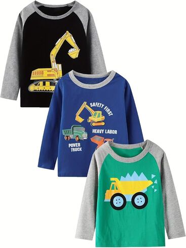 Boys' 3-Piece Long Sleeve T-Shirt Cotton Printing Casual Crewneck Tee for Toddler Little Kids Sizes2-7Y in Saudi Arabia