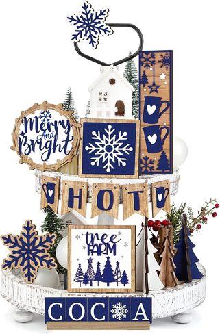 19 Pcs Blue Winter Hot Cocoa Tiered Tray Decor Set Blue Snowflake Wooden Sign Coffee Table Decorations Hot Chocolate Tabletop Sign for Rustic Farmhouse Shelf Home Decor in Saudi Arabia