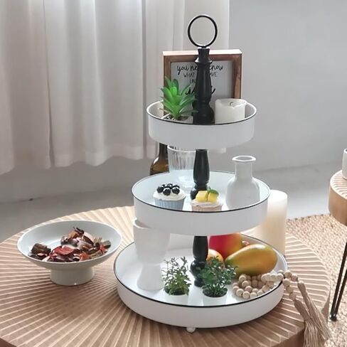 MODE HOME Decorative 3 Tiered Metal Tray Stand with Handle for Kitchen, Dining Room, Bathroom, Shelf Coffee Bar Table, Modern Farmhouse Seasonal Display Tiered Tray Decor, Black and White in Saudi Arabia