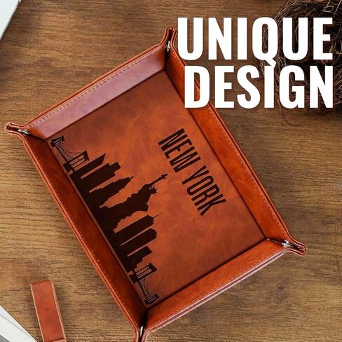 New York City Skyline Gifts, NYC Gifts for NYC Lovers, Skyline Map Valet Tray for Him, Male, Boyfriend, Son, Husband, Dad, Desktop Organizer PU Leather Tray in Saudi Arabia