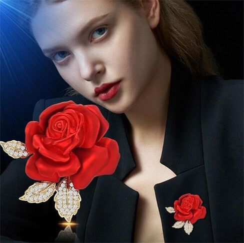 Rose Flower Brooch Elegant Red Rhinestone Crystal Rose Lapel Pin Dress Accessories Jewelry in Saudi Arabia
