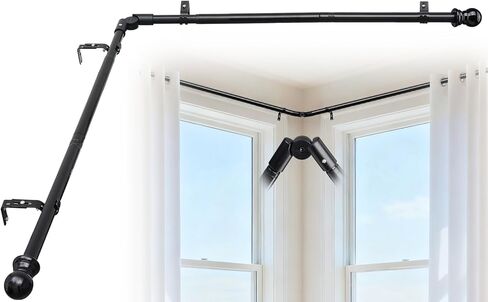 قضيب ستارة زاوية للنوافذ، قضبان ستارة سوداء على شكل حرف L قابلة للتعديل مقاس 29 بوصة - 68 بوصة مع أقواس وموصل دوار 180 درجة، قضيب ستائر متداخل شديد التحمل مقاس 1 بوصة لغرفة المعيشة وغرفة النوم in Kuwait