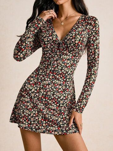 Women Floral Ruffle Summer V Neck Long Sleeve Elastic Waist Slim Casual Holiday Mini Dress in Saudi Arabia