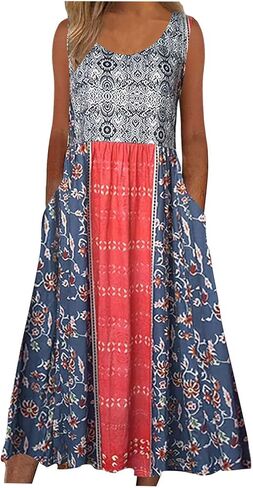 Sleeveless Maxi Dress for Women Casual Boho Floral Print Long Dress with Pockets Loose Fit A Line Sundress for Beach Travel in Saudi Arabia