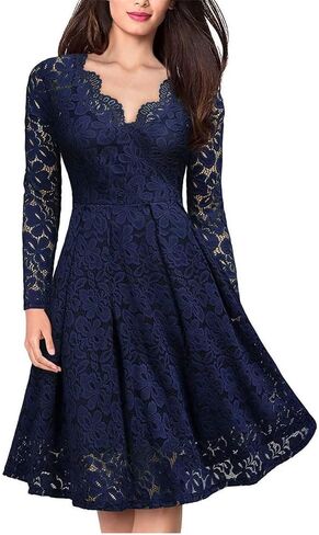 Women's Retro Lace Dresses V Neck Long Sleeve Mesh Tunic Party Dress Summer V-Back Party A Line Dress in Saudi Arabia