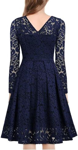 Women's Retro Lace Dresses V Neck Long Sleeve Mesh Tunic Party Dress Summer V-Back Party A Line Dress in Saudi Arabia