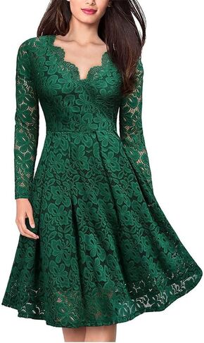Women's Retro Lace Dresses V Neck Long Sleeve Mesh Tunic Party Dress Summer V-Back Party A Line Dress in Saudi Arabia