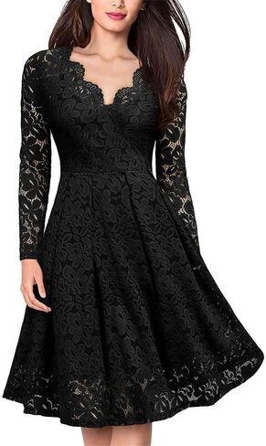 Women's Retro Lace Dresses V Neck Long Sleeve Mesh Tunic Party Dress Summer V-Back Party A Line Dress in Saudi Arabia