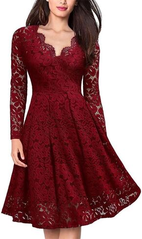 Women's Retro Lace Dresses V Neck Long Sleeve Mesh Tunic Party Dress Summer V-Back Party A Line Dress in Saudi Arabia