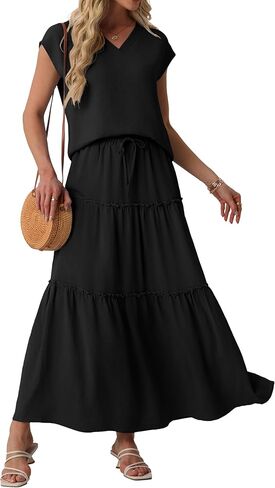Lepunuo 2 Piece Skirt Sets for Women Flowy Maxi Skirts Cap Sleeve Tops Matching Sets Travel Vacation Outfits with Pockets in Saudi Arabia