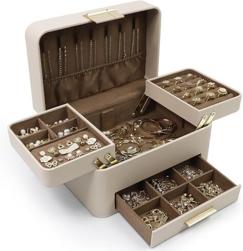 KAMIER Jewelry Box, 3 Layers Jewelry Organizer with Drawers, PU Leather Jewelry Storage Organizer for Earring, Ring, Necklace, Bracelets, Christmas Gift, Jewelry Boxes for Women Girls (Beige) in Kuwait