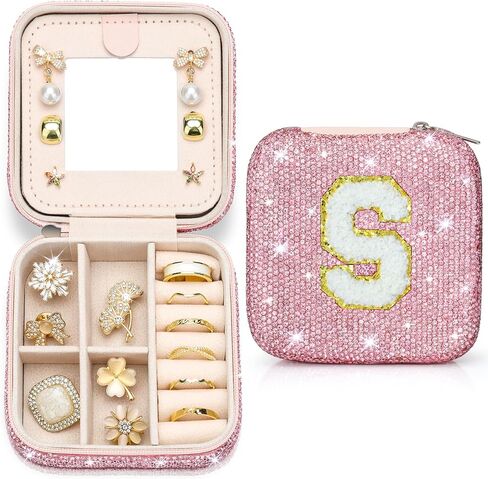 Soleebee Bling Crystal Travel Jewelry Case, J Initial Jewelry Box for Women Girls, Portable Small Jewelry Organizer Travel Essentials for Necklace Earrings Rings - Letter J, Pink in Saudi Arabia