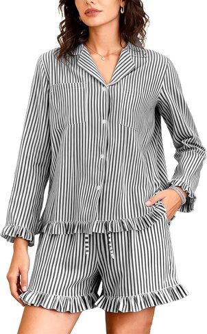 Flygo Womens Striped Pajama Sets 2 Piece Cotton Long Sleeve Tops and Pj Shorts Sets Casual Lounge Button Down Cozy Sleepwear in Saudi Arabia
