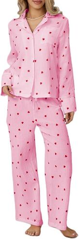 Womens Valentines Pajama Sets Cotton Pj Set Cute Heart Print Long Sleeve Button Shirt+Pants 2 Pieces Loungewear in Saudi Arabia