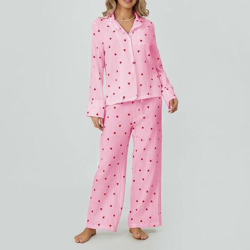 Womens Valentines Pajama Sets Cotton Pj Set Cute Heart Print Long Sleeve Button Shirt+Pants 2 Pieces Loungewear in Saudi Arabia